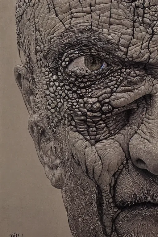 Image similar to ascii art, hyperrealism oil painting, close - up portrait of a scary old man with ten eyes and mandibles, in style of baroque zdzislaw beksinski