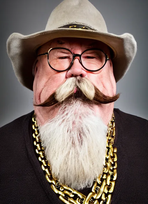 Image similar to dslr portrait photo still of!!! wilfred brimley!!! white mustache as a gangsta rapper with gold chains and gold teeth grills growling at camera, 8 k, 8 5 mm f 1. 8