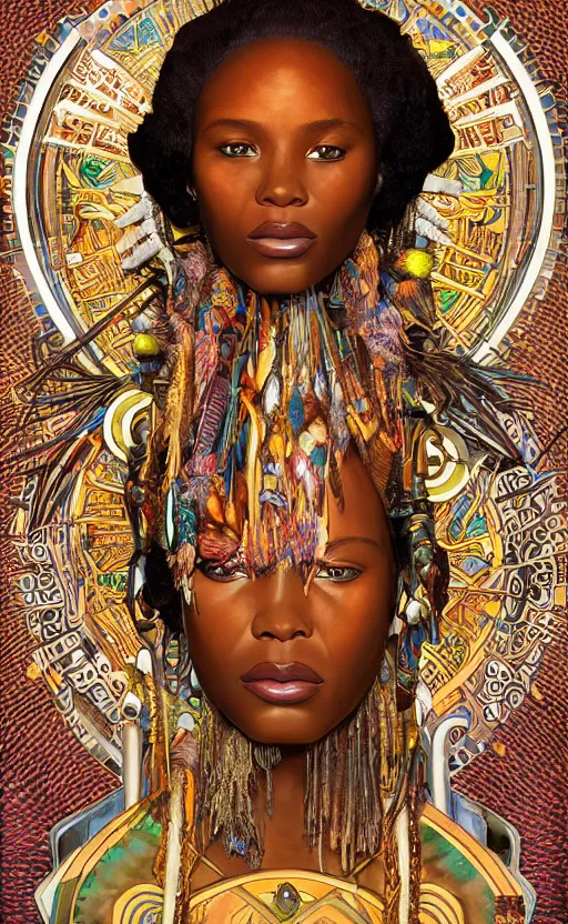 Image similar to upper half portrait of retro futuristic african tribal chief - embellished with vegetation and iridescent crystals art by joseph christian leyendecker, design blocking by alphonso mucha and drew struzan, highly detailed, digital painting, airbrush, concept art, illustration, smooth sharp focus, intricate, symmetry,