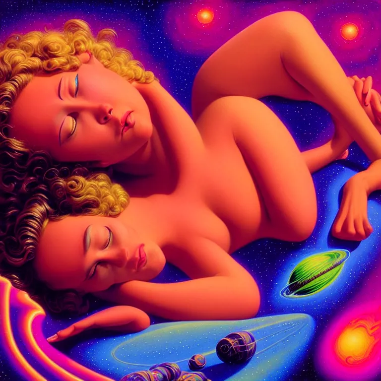 Image similar to cosmic girl, 2 0 yo, reclining close - up, bright neon colors, highly detailed, cinematic, panoramic, tim white, michael whelan, roger dean, bob eggleton, philippe druillet, vladimir kush, kubrick, alfred kelsner, boris vallejo