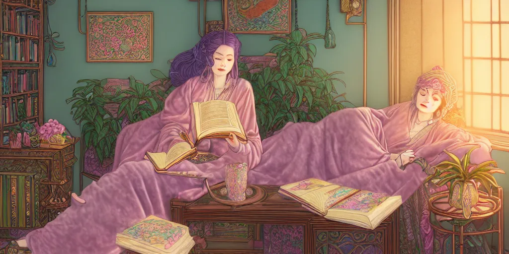 Image similar to a pastel drawing of a woman wizard, ornate clothing, lounging on a purpur pillow on the marbled checkered floor in her study room reading an ancient tome. to the side is a potted plant, moody candlelit raytracing. ancient oriental scifi fantasy setting. 4 k key art. by chie yoshii