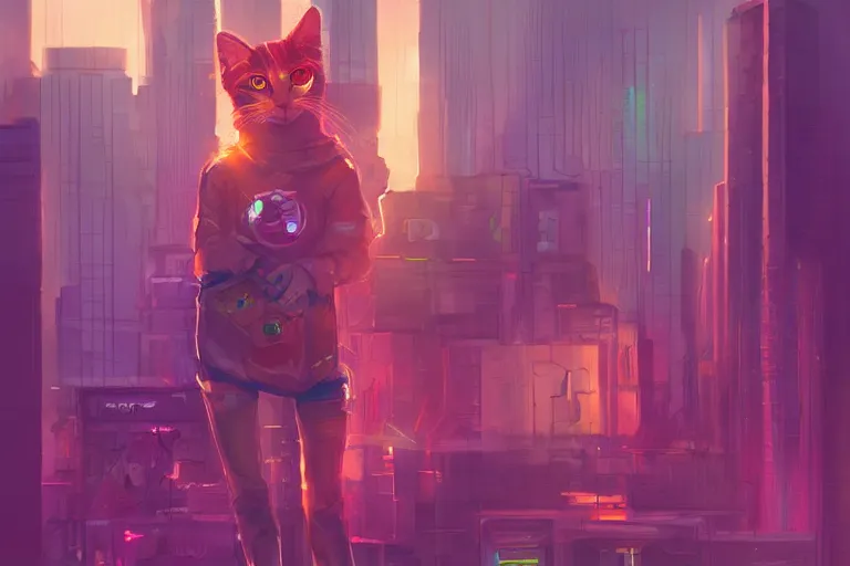 Image similar to cyberpunk ginger cat in the city, neon backlighting, digital art, trending on artstation, fanart, by kawacy