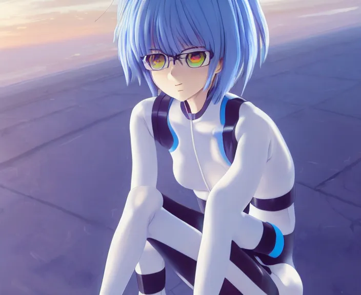 Image similar to anime art, fullbody shot of female rei ayanami, evangelion, long blue hair and large eyes, finely detailed perfect face, in a pale skintight plugsuit, sitting on rooftop, flooded city, trending on pixiv fanbox, by ilya kuvshinov, sola digital arts,, raytracing