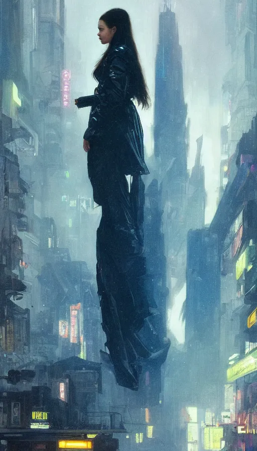 Image similar to hailee steinfeld, omicron, 2 0 1 8 blade runner movie still girl look at the cityscape from roof perfect face fine realistic face pretty face neon puffy jacket blue futuristic sci - fi elegant by denis villeneuve tom anders zorn hans dragan bibin thoma greg rutkowski ismail inceoglu illustrated sand storm alphonse mucha