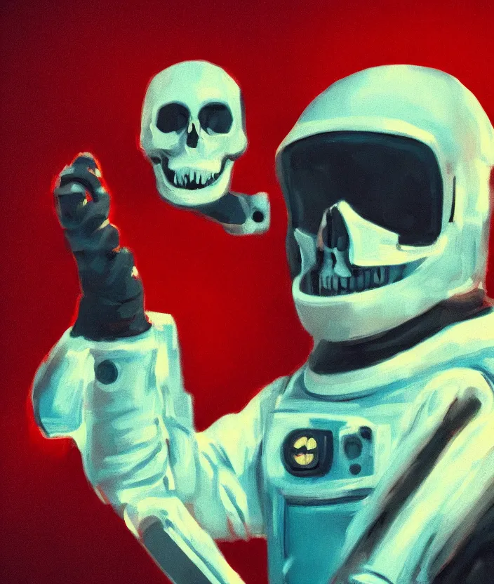 Prompt: a portrait of an astronaut, his head is a skull, the skull is screaming, mysterious, very aesthetic, cinematic and dramatic red light, in the style of edward hopper 4 k,