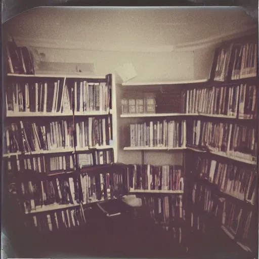 Prompt: polaroid of messy library, poltergeist, liminal, hidden ghost. goetic sigils on walls.