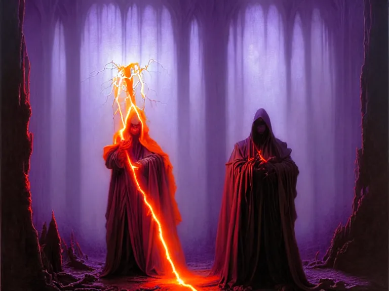 Prompt: darker shades of forgotten misery and despair by michael whelan and peter driben and quentin massys and hubert robert and greg staples and william etty, beautiful, mythical, cloak, robe, highly detailed, hyperrealistic, intricate, energy, orange electricity, blue flame, low light, purple crystals, high contrast, lifelike