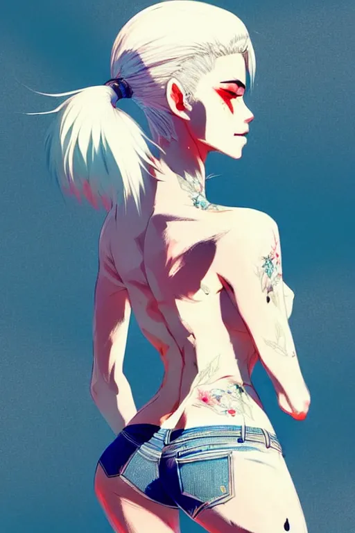 Image similar to a ultradetailed beautiful back painting of a stylish woman with white hair in a short pony tail, she is wearing jeans, by conrad roset, greg rutkowski and makoto shinkai trending on artstation