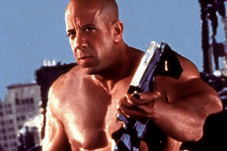 Image similar to film still of Vin Diesel as John McClane in Die Hard 1988