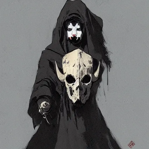 Prompt: portrait of a character wearing a black cloak, with a white mask in the shape of a cow skull, the mask covers her entire face, dramatic lighting, illustration by Greg rutkowski, yoji shinkawa, 4k, digital art, concept art, trending on artstation