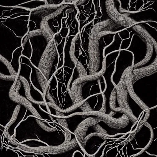 Image similar to award - winning painting of pitch black, tar - like, shadow roots with lots of tendrils spreading everywhere, intricate detail, deep black roots, infestation, shadowy, lovecraftian, beksinksi, black and white, chiaroscuro, myzelium