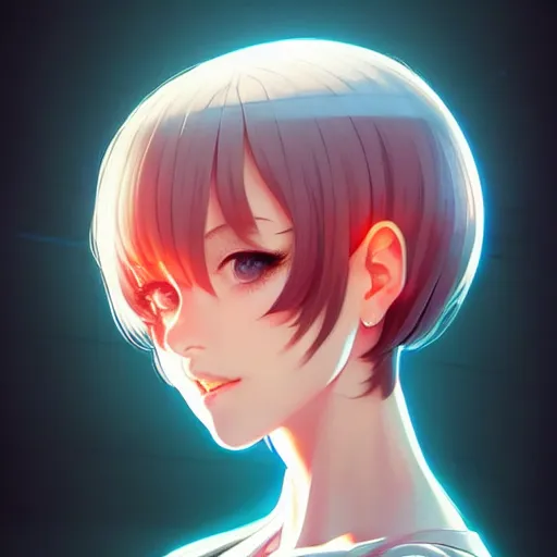 Image similar to youth sean young very slightly smiling, occlusion shadow, specular reflection, rim light, unreal engine, range murata, artstation, pinterest, art by hiroaki samura and ilya kuvshinov and rossdraws, intricate, highly detailed 8 k, art deco illustration, extremely beautiful shape of face, neck, shoulders eyes