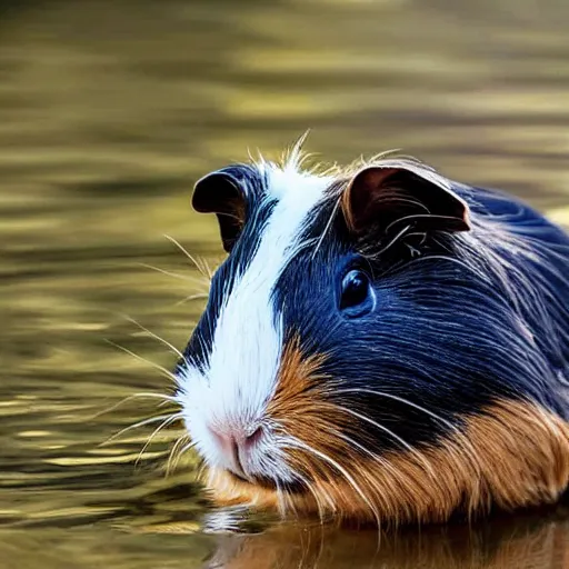 Image similar to a guinea pig sitting on a kayak on a calm stream