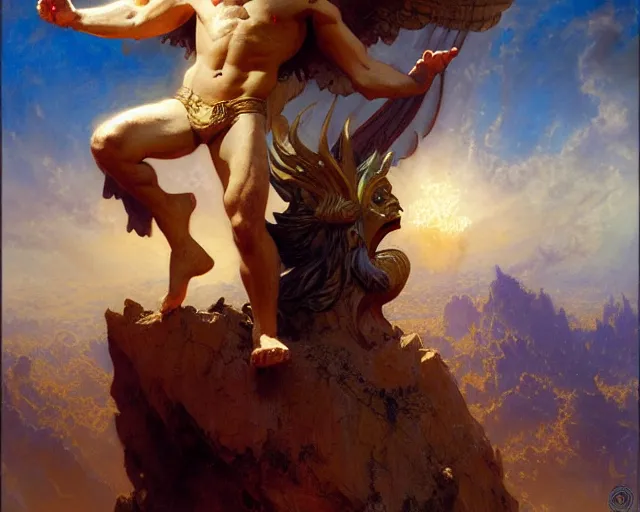 Image similar to attractive pagan male deity, summoning handsome lucifer morning star. highly detailed painting by gaston bussiere, craig mullins, j. c. leyendecker 8 k