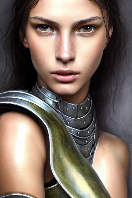 Prompt: a photorealistic painted portrait of an attractive young girl, partially clothed in dull metal-plated battle armor, olive skin, long dark hair, flawless skin, beautiful bone structure, symmetric facial features, perfect photorealistic eyes, natural physique, intricate, elegant, digital painting, concept art, finely detailed, beautifully illustrated, sharp focus, minimal artifacts, from Metal Gear, by Ruan Jia and Mandy Jurgens and Artgerm and William-Adolphe Bouguerea, in the style of Greg Rutkowski, trending on Artstation, award winning art