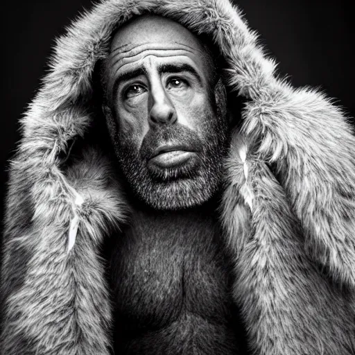 Prompt: Photo portrait Joe Rogan as a wax neanderthal cave man exaggerated brow wrapped in fur cloak screaming like a ape in the natural history in front of a crowd of school children on tour in the museum dramatic lighting 85mm lens by Steve McCurry