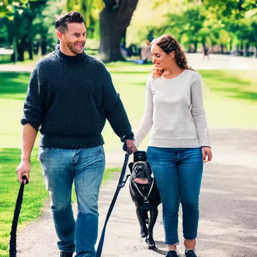 Prompt: a man and a woman walking in park holding hands a french bulldog with a leash