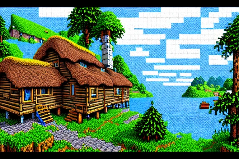 Prompt: view of a cottage above an azure lake, beautiful detailed pixelart by albertov and by pixel jeff in the style of ultima vii, intricate details, beautifully dithered gradients, volumetric lighting, cgsociety, artstation, 2 d