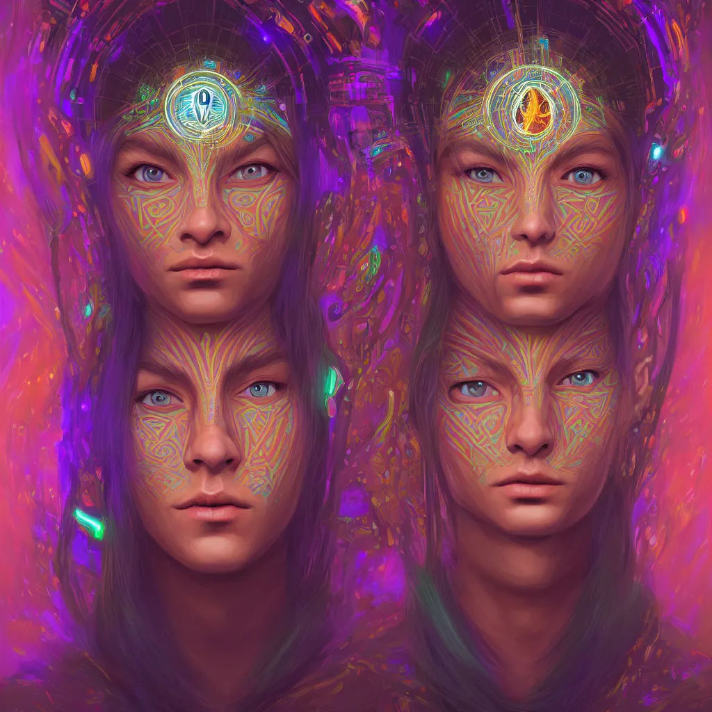 Image similar to portrait of a future metaverse ayahuasca tech shaman warrior, 2 d cartoon, visionary art, symmetric, magick symbols, holy halo, shipibo patterns, sci - fi, concept art, trending on art station, 8 k digital art, by mandy jurgens, fantasy portrait art, anime