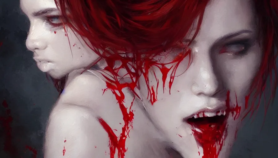 Prompt: A beautiful painting of Josie Maran as a blood sucking vampire by greg rutkowski and Kalin Popov , Trending on artstation HD.