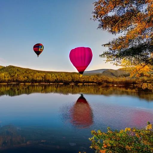 Image similar to photo of two black swans touching heads in a beautiful reflective mountain lake, a colorful hot air balloon is flying above the swans, hot air balloon, intricate, 8k highly professionally detailed, HDR, CGsociety