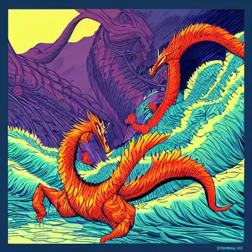 Image similar to A beautiful detailed vivid color colorful comic illustration of King Ghidorah, by Dan Mumford, trending on artstation