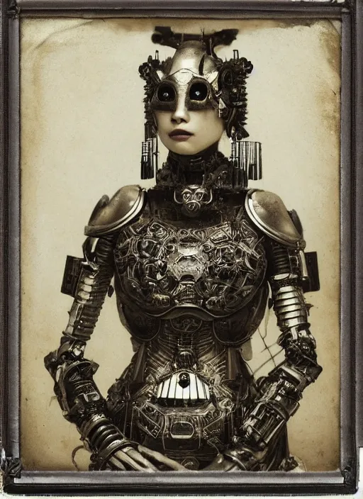 Image similar to old wetplate daguerreotype frame portrait of a futuristic silver armored dictator geisha district 9 cyborg, fractal, intricate, elegant, highly detailed, subsurface scattering, by jheronimus bosch and greg rutkowski and louis jacques mande daguerre