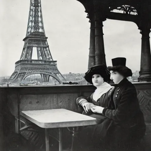 Image similar to Two victorian women sitting by a table outside a cafe in paris, eiffel tower visible in the background, moonlit scene, black and white vintage photograph