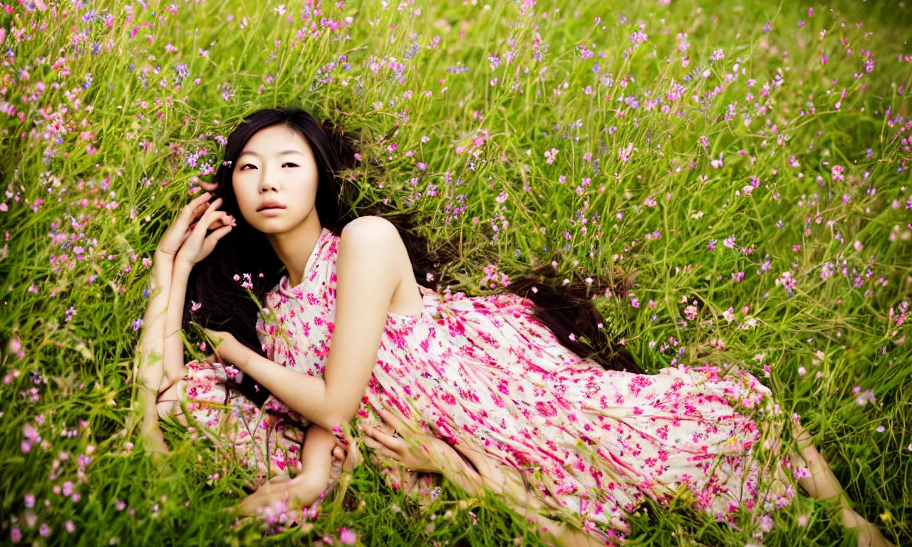 Image similar to a beautiful young Asian woman lying in a field of wildflowers, wearing a sun dress, portrait, dreamy, cinematic, depth of field, glow