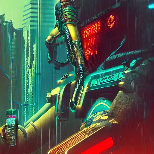 Image similar to cyberpunk robot tiger, big jaws and neon lights, metal exposed and wires, highly detailed cyberpunk 2 0 7 7 and beksinski style painting