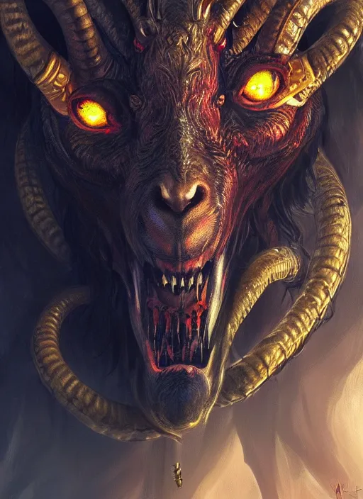 Image similar to hellish demon with gold fangs and twisted horns, close up, goat eyes and snake scales, hairy beast, sinister portrait, highly detailed, digital painting, artstation, concept art, matte, sharp focus, illustration, dramatic, cinematic sunset, hearthstone, art by artgerm and greg rutkowski and alphonse mucha