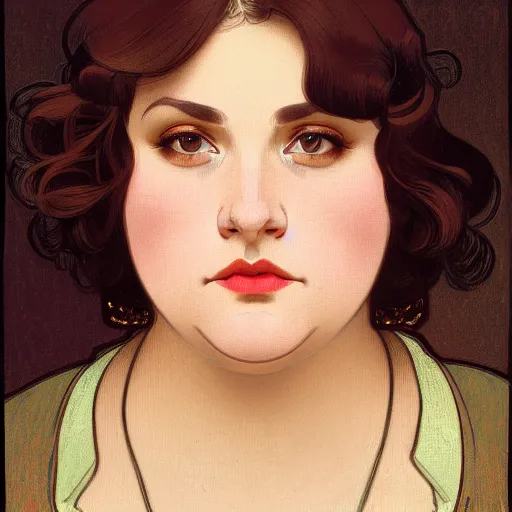 Image similar to A portrait of a plump woman, a cute art neuveau woman with straight brown hair in a Bob, no bangs, brown eyes, full face, olive skin, romanian heritage, medium shot, mid-shot, 8k, by mucha