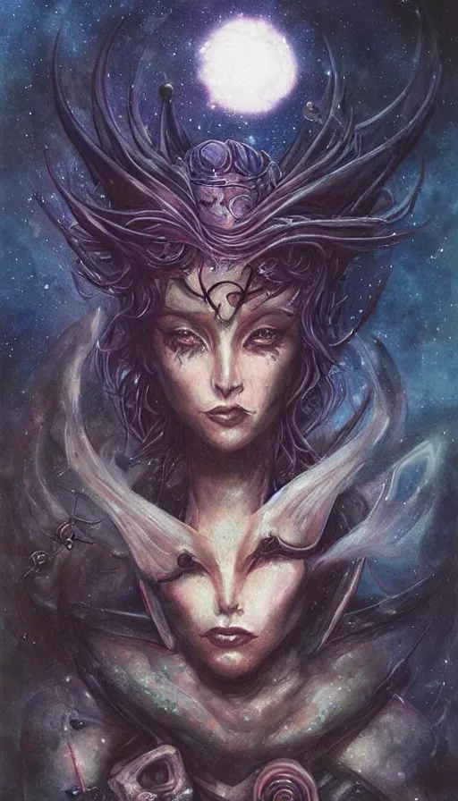 Image similar to portrait of female space pirate, night sky background, beautiful! coherent! by brom, by brian froud, deep color, strong line, high contrast