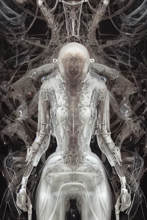 Image similar to background space station, baroque inflateble dress iris van herpen positing on floor, helmet instead of a head, perfect symmetrical, full body shot, inflateble shapes, wires, tubes, veins, jellyfish, white biomechanical details, wearing epic bionic implants, masterpiece, intricate, biopunk, vogue, highly detailed, artstation, concept art