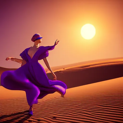 Image similar to woman wearing purple theme, avant-garde art, deco fashion, highly detailed, photorealistic portrait, serene desert setting, golden hour, crisp quality and light reflections, unreal engine 5 quality render