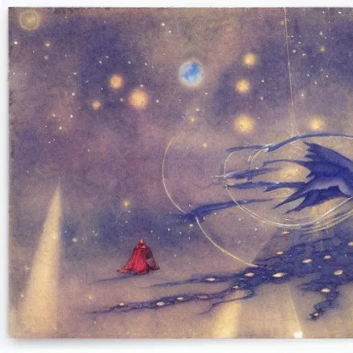 Prompt: Liminal space in outer space by Warwick Goble