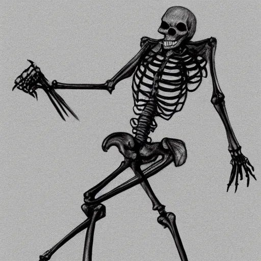 Image similar to pencil sketch of a skeleton with a cane sprinting, concept art