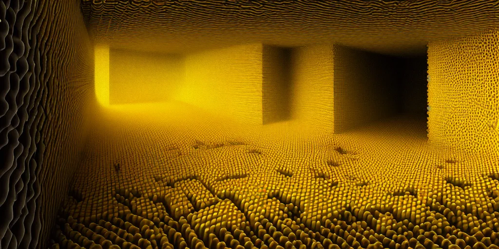 Image similar to deep twisting communal hive maze of yellow tubes and warm light, award winning art, epic dreamlike fantasy landscape, art print, science fiction, ultra realistic,