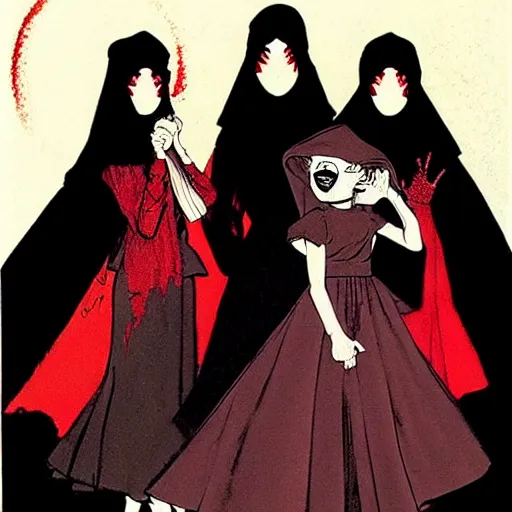 Prompt: in the style of Steve Niles, Norman Rockwell, three female witches dressed in black with veils:: graveyard:: red moon:: vampire blonde woman::