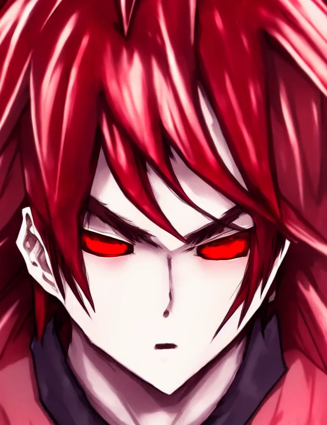 Prompt: a detailed manga portrait of an attractive tall boy with spiked dark crimson hair in fiery crimson crystalline ruby armour, trending on artstation, digital art, 4 k resolution, detailed, high quality, sharp focus, hq artwork, coherent, insane detail, character portrait