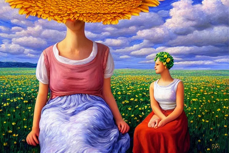 Image similar to giant daisy flower head, woman sitting, surreal, clouds in sky, impressionist painting, digital painting, artstation, rob gonsalves