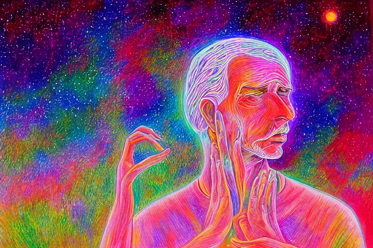 Prompt: digital art of a peaceful man looking up at the stars, sitting under a tree, glowing light, acrylic art, painting, pastel colors, alex grey,