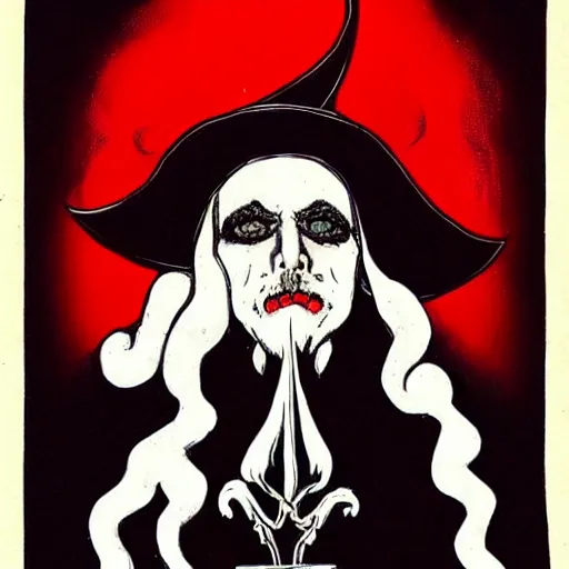 Prompt: gothic warlock channeling a candelabra out of a wizard hat, in the style of russian propaganda posters, black white and red colors, make it spicey