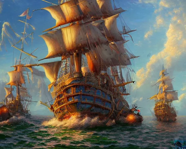 Prompt: a very detailed and beautiful portrait of a a pirate ship firing canons, artwork by artgerm, ships sail made of human skin, wide angle, full body, fantasy, highly detailed, digital painting, artstation, smooth, sharp focus, art by thomas kinkade and stephan martiniere and kevin swartz