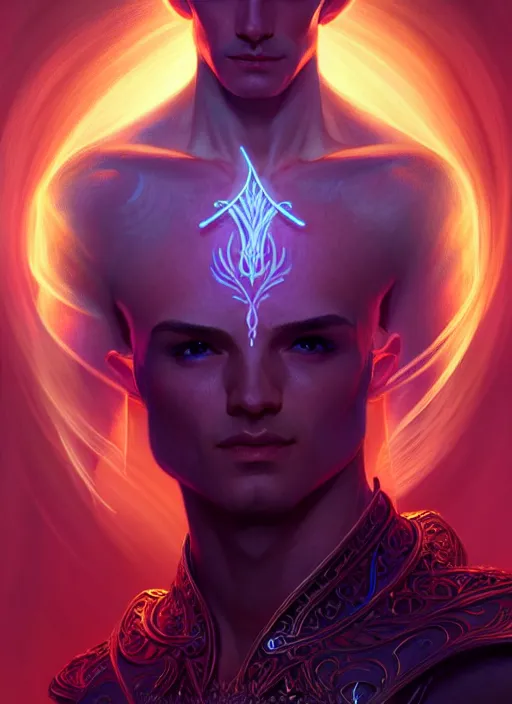 Prompt: meditative elven male adventurer, dnd fantasy character full - body portrait, glowing neon skin, magical aura, ultra realistic, intricate, elegant, highly detailed, digital painting, artstation, smooth, sharp, focus, illustration, art by artgerm and greg rutkowski and alphonse mucha