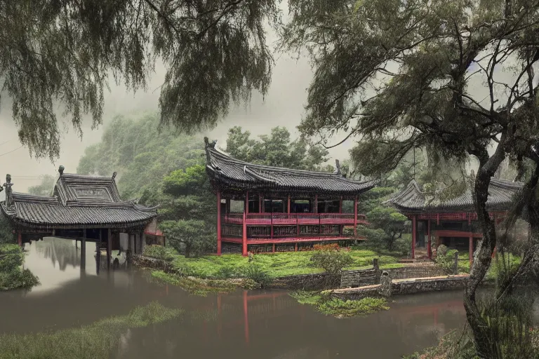 Image similar to in the rain, some ancient chinese houses, bridge, river mysterious and serene landscape, clouds, trending on artstation