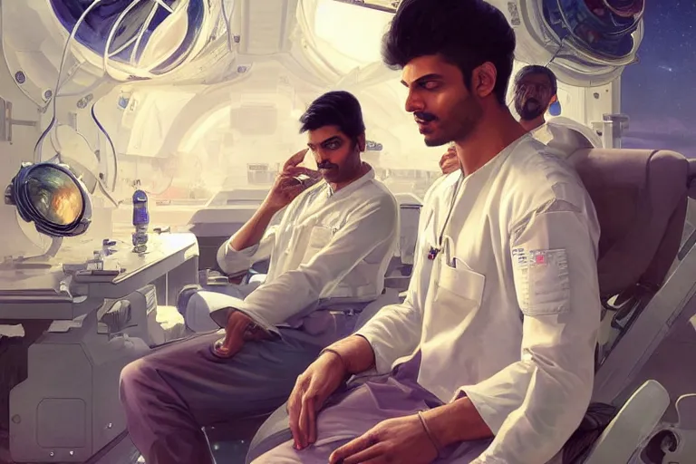 Image similar to Exhausted good looking pale young Indian doctors wearing jeans in a space station above Earth performing surgery, portrait, elegant, intricate, retrofuturistic digital painting, artstation, concept art, smooth, sharp focus, illustration, art by artgerm and greg rutkowski and alphonse mucha