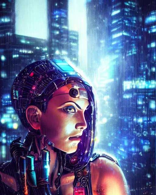 Image similar to a cyberpunk close up portrait of cyborg greek goddess, electricity, sparks, bokeh, soft focus, sparkling, glisten, water drops, cold, dark, geometric, temples behind her, by paul lehr, jesper ejsing