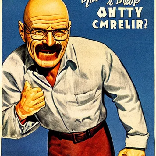 Image similar to creepy walter white with a scary comically large smile, 1940's scare tactic propaganda art