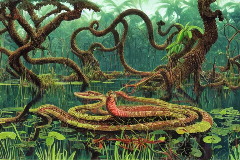 Prompt: Snake oil salesman searching the swamps of Formosa, painting by Roger Dean, painting by Naomi Okubo